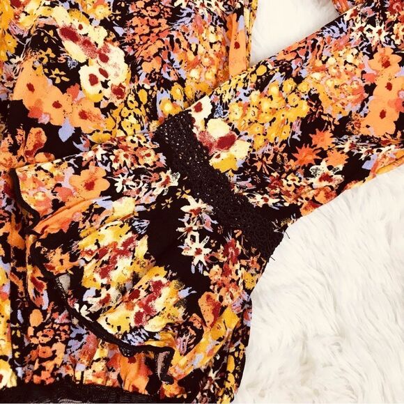 FREE PEOPLE Heat Wave Floral Long Sleeve Thong Bodysuit V-Neck Orange‎ Black New - Picture 10 of 14